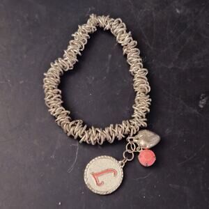 Vintage Y2K Silver Coiled Expansion Charm Bracelet Initial L Coral Pink Heart